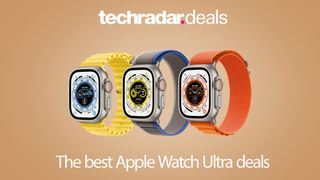 Three Apple Watch Ultra models on a cream background