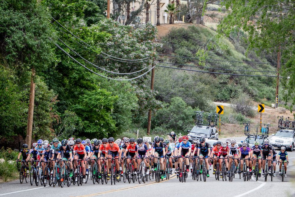 The women stay bunched up before hitting todays steep climb to the finish