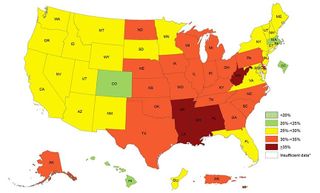 A map of U.S. obesity rates by state in 2016.