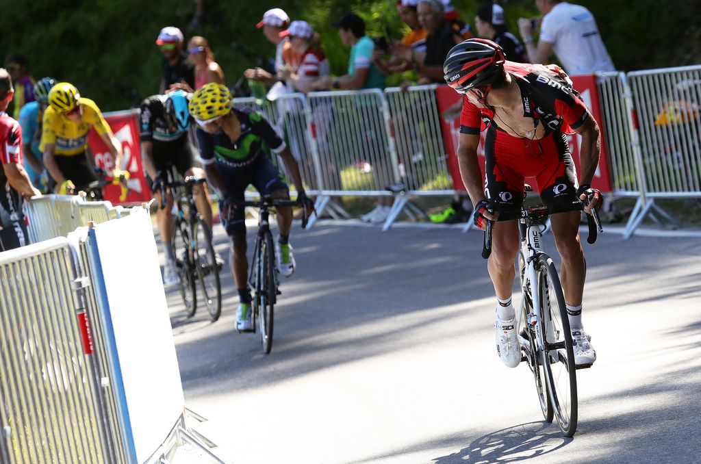 Richie Porte (BMC) checks what damage he's done to the GC group