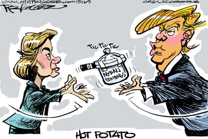 Political cartoon U.S. election 2016 Hillary Clinton Donald Trump bombings blame game