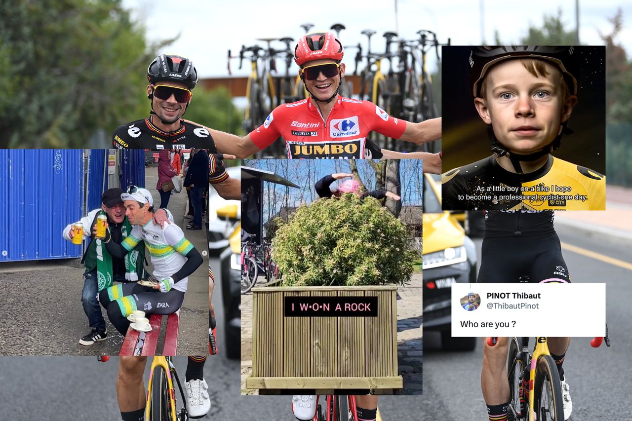 Sepp Kuss, Primož Roglič and Jonas Vingegaard at the Vuelta a España, with social media posts overlaid