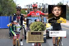Sepp Kuss, Primož Roglič and Jonas Vingegaard at the Vuelta a España, with social media posts overlaid