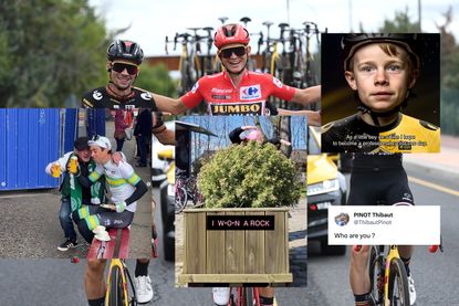 Sepp Kuss, Primož Roglič and Jonas Vingegaard at the Vuelta a España, with social media posts overlaid