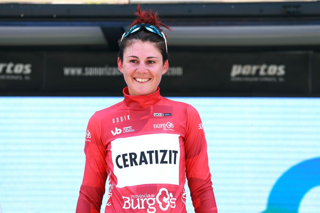 ARANDA DE DUERO SPAIN MAY 19 Lara Vieceli of Italy and Ceratizit Wnt Pro Cycling Team celebrates winning the Red Mountain Jersey on the podium ceremony after the 7th Vuelta a Burgos Feminas 2022 Stage 1 a 1219km stage from Pedrosa del Prncipe to Aranda de Duero VueltaBurgos BurgosFem on May 19 2022 in Aranda de Duero Spain Photo by Gonzalo Arroyo MorenoGetty Images