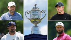 Headshots of Scottie Scheffler (top left), Rory McIlroy (top right), Bryson DeChambeau (bottom left) and Jon Rahm (bottom right) with the Wanamaker Trophy in the centre