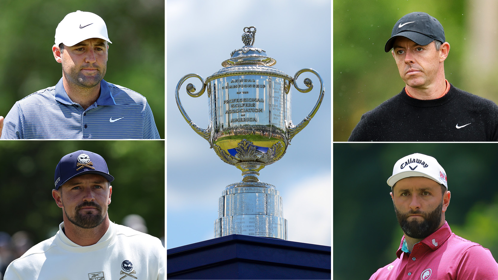 Headshots of Scottie Scheffler (top left), Rory McIlroy (top right), Bryson DeChambeau (bottom left) and Jon Rahm (bottom right) with the Wanamaker Trophy in the centre