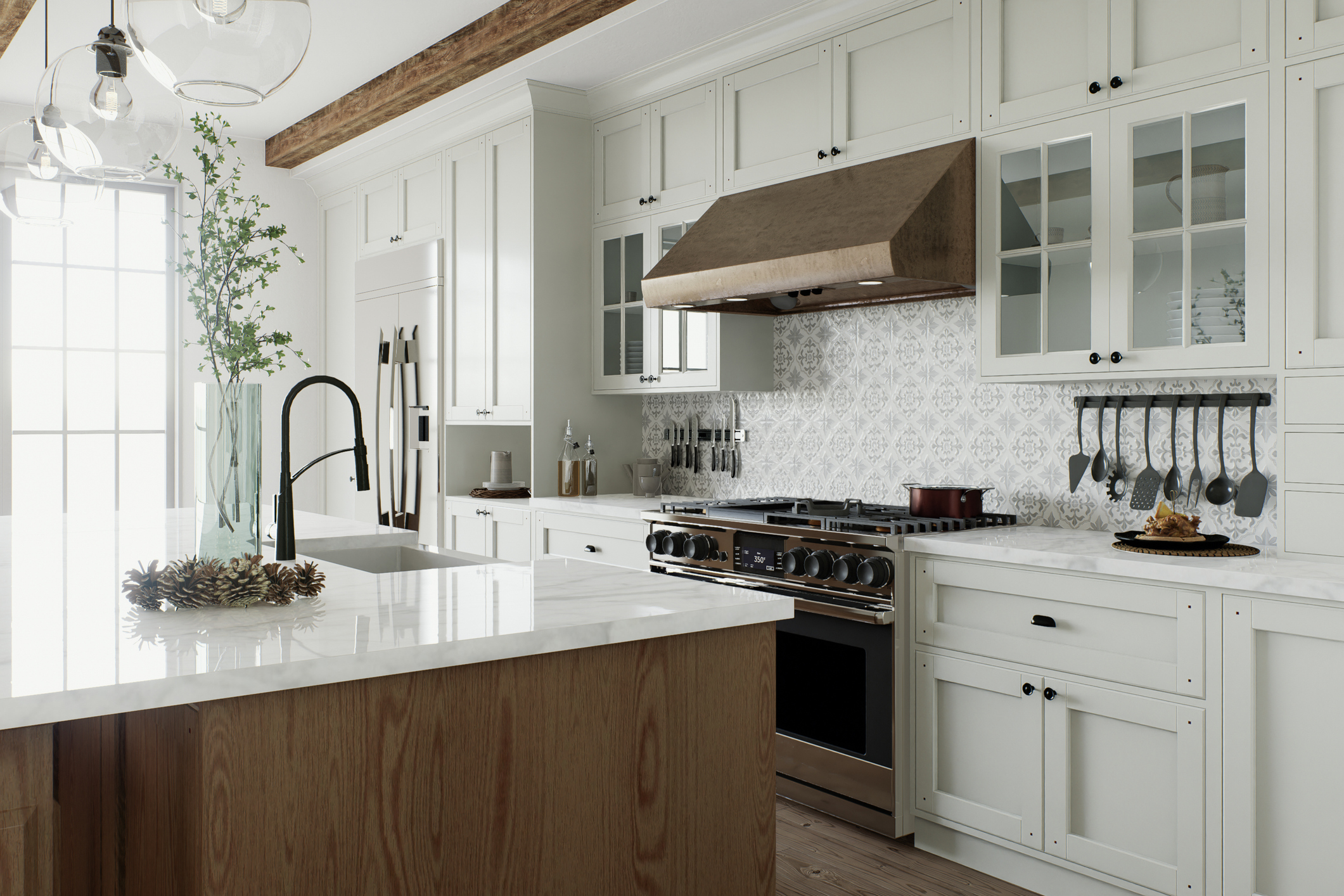 Traditional large L-shaped kitchen with large island and kitchen appliances. Kitchen interior with white cabinets and wooden island.