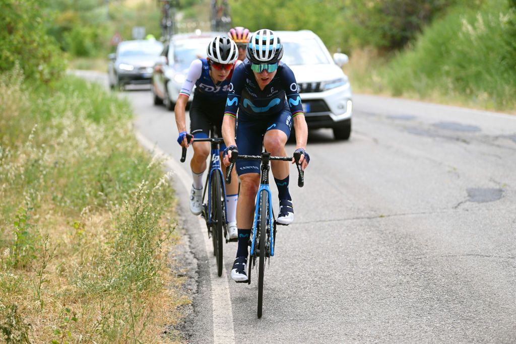 CESENA ITALY JULY 04 Annemiek Van Vleuten of Netherlands and Movistar Team competes in the breakaway during the 33rd Giro dItalia Donne 2022 Stage 4 a 1209km stage from Cesena Torinese to Cesena Torinese GiroDonne UCIWWT on July 04 2022 in Cesena Italy Photo by Dario BelingheriGetty Images