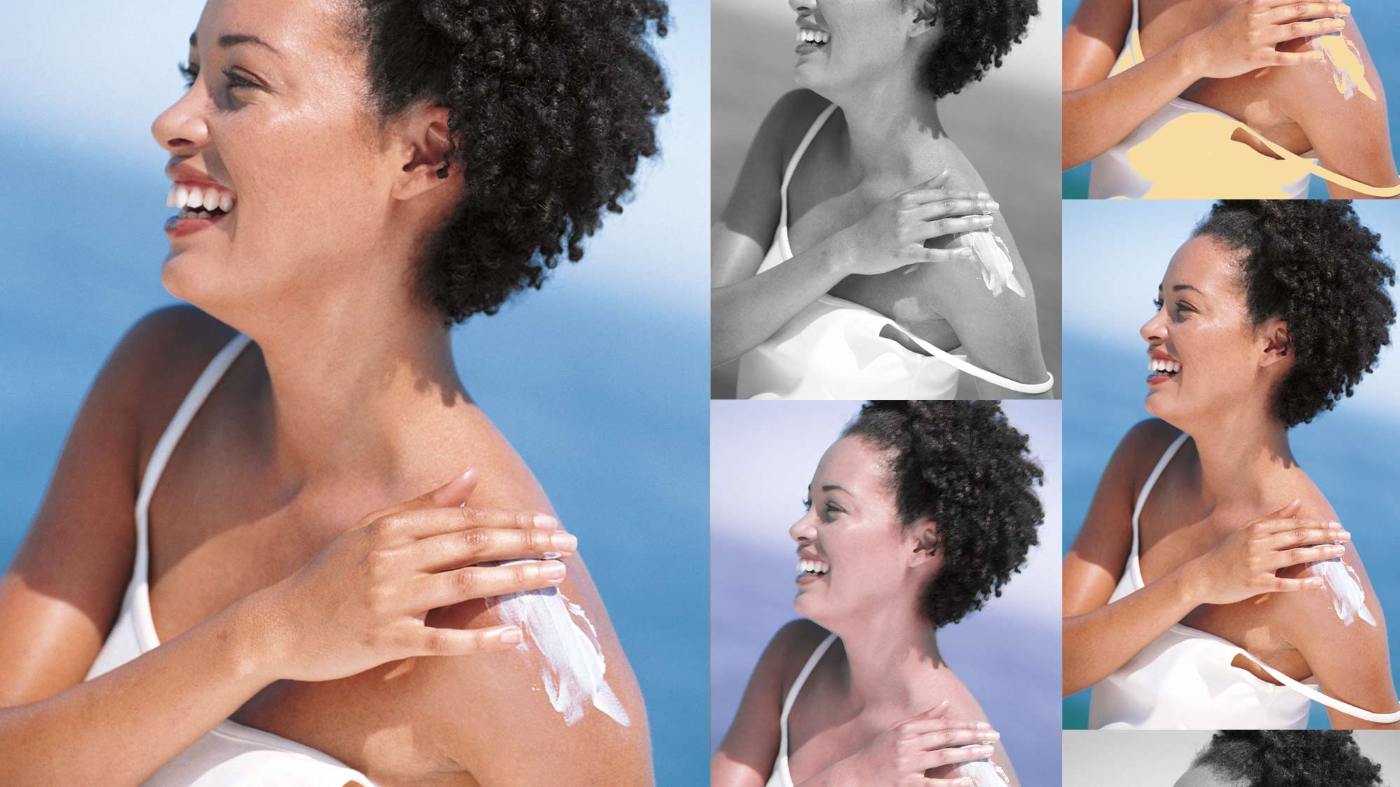 A collage of a woman in swimwear applying her sunscreen