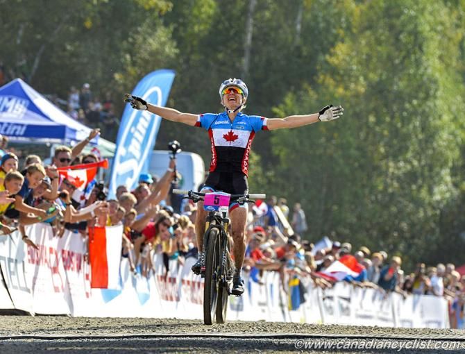 Catharine Pendrel (Canada) wins the elite women's cross country world championships in Hafjell, Norway