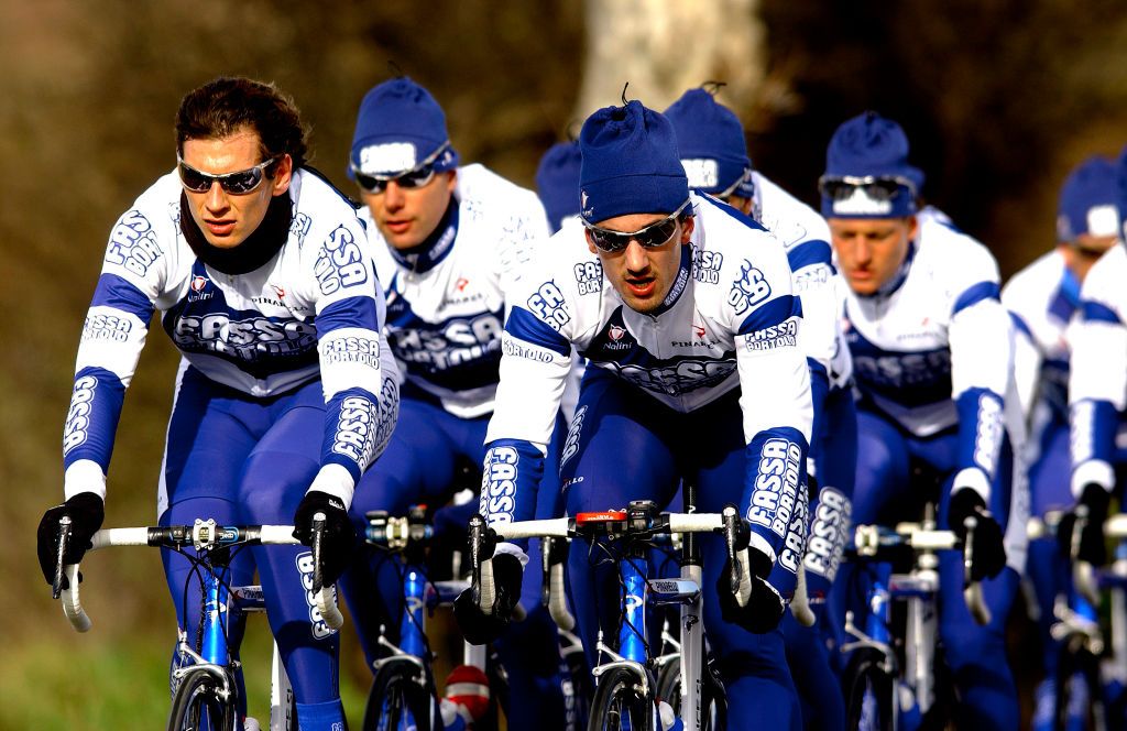 Fabian Cancellara leads his Fassa Bortolo teammates at a 2004 training camp