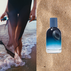 Collage of glossier you soie perfume models on the beach with the perfume bottle on background of close-up sand 