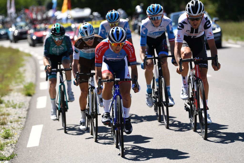 ORCIERES FRANCE SEPTEMBER 01 Quentin Pacher of France and Team BB Hotels Vital Concept Alexis Vuillermoz of France and Team Ag2R La Mondiale Tiesj Benoot of Belgium and Team Sunweb Nils Politt of Germany and Team Israel StartUp Nation Krists Neilands of Latvia and Team Israel StartUp Nation Mathieu Burgaudeau of France and Team Total Direct Energie Breakaway during the 107th Tour de France 2020 Stage 4 a 1605km stage from Sisteron to OrcieresMerlette 1825m TDF2020 LeTour on September 01 2020 in Orcieres France Photo by Tim de WaeleGetty Images