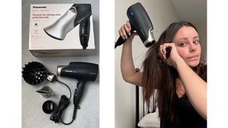 Two adjacent images of the Panasonic Enrich + Family Care Hair Dryer alongside beauty contributor Emma using the tool