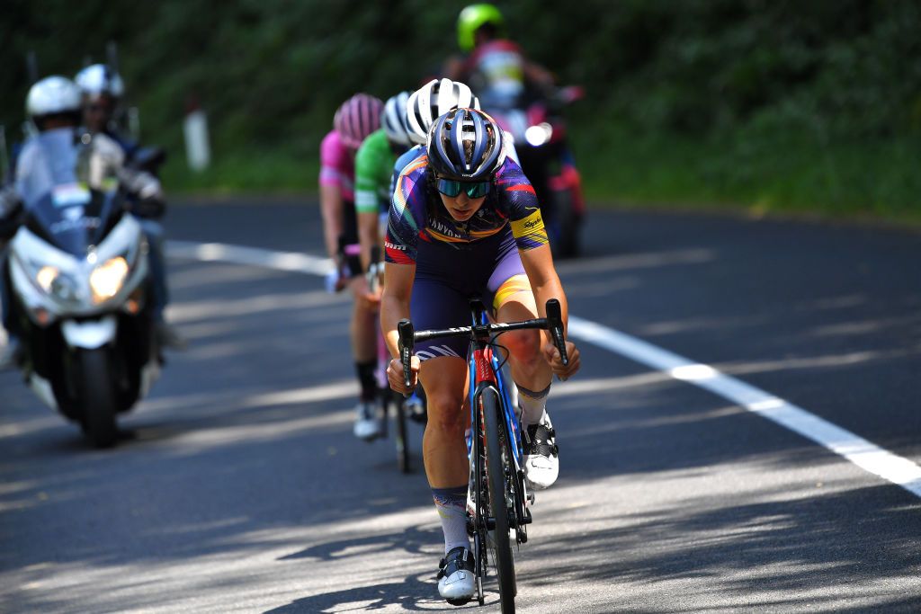 CORMONS ITALY JULY 11 Elise Chabbey of Switzerland and Canyon SRAM Racing Team in breakaway during the 32nd Giro dItalia Internazionale Femminile 2021 Stage 10 a 113km stage from Capriva del Friuli to Cormons GiroDonne UCIWWT on July 11 2021 in Cormons Italy Photo by Luc ClaessenGetty Images