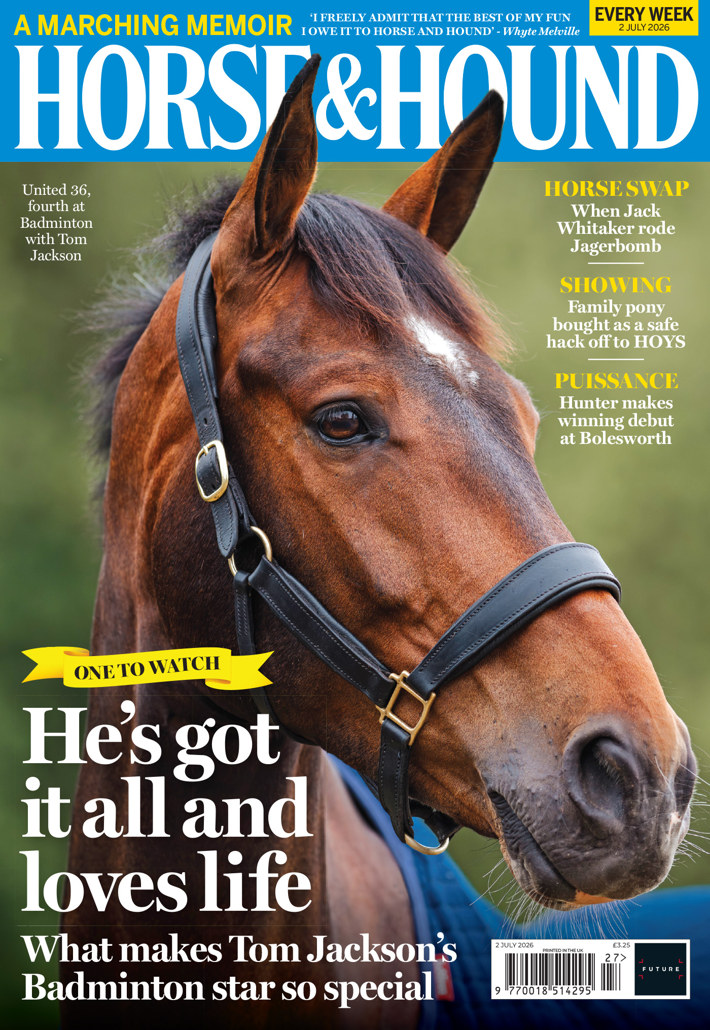 cover of Horse &amp; Hound featuring a head shot of bay event horse United 36