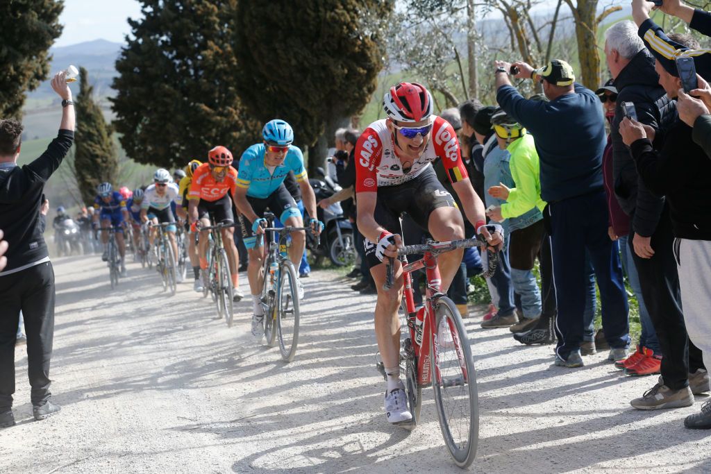 Lotto Soudal’s Tim Wellens leads Astana’s Jakob Fuglsang and CCC Team’s Greg Van Avermaet at the 2019 Strade Bianche