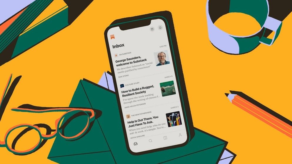 Illustration showing Substack posts on mobile phone, which is resting on a cluttered desk