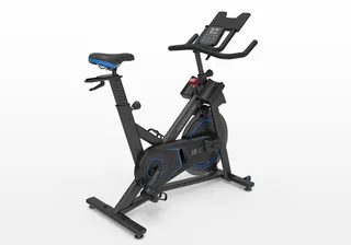 horizon fitness 7.0 IC with its blue accent details sat at a three quarter angle. With the back of the bike closest to the viewer allowing a better view of the cockpit and adjustments. set on a white background