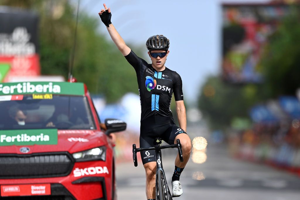 RINCON DE LA VICTORIA SPAIN AUGUST 24 Michael Storer of Australia and Team DSM celebrates at finish line as stage winner during the 76th Tour of Spain 2021 Stage 10 a 189km stage from Roquetas de Mar to Rincn de la Victoria lavuelta LaVuelta21 on August 24 2021 in Rincon De La Victoria Spain Photo by Stuart FranklinGetty Images