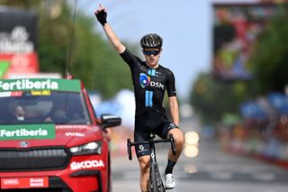 RINCON DE LA VICTORIA SPAIN AUGUST 24 Michael Storer of Australia and Team DSM celebrates at finish line as stage winner during the 76th Tour of Spain 2021 Stage 10 a 189km stage from Roquetas de Mar to Rincn de la Victoria lavuelta LaVuelta21 on August 24 2021 in Rincon De La Victoria Spain Photo by Stuart FranklinGetty Images