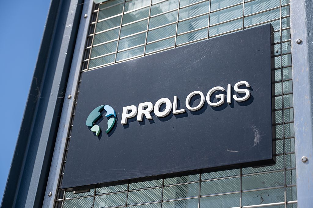 Close-up of Prologis logo on metal sign outside building on sunny day, San Francisco, California, May 20, 2025.
