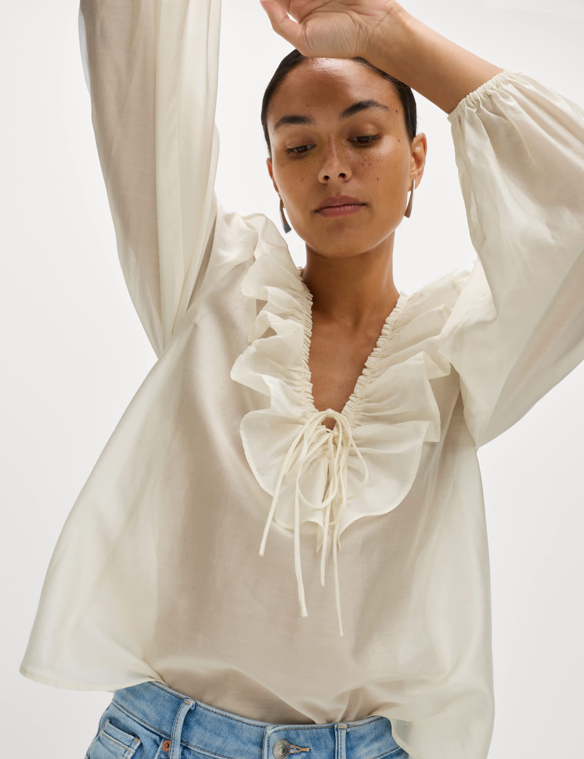 Lyocell Rich Frill Detail V-Neck Top