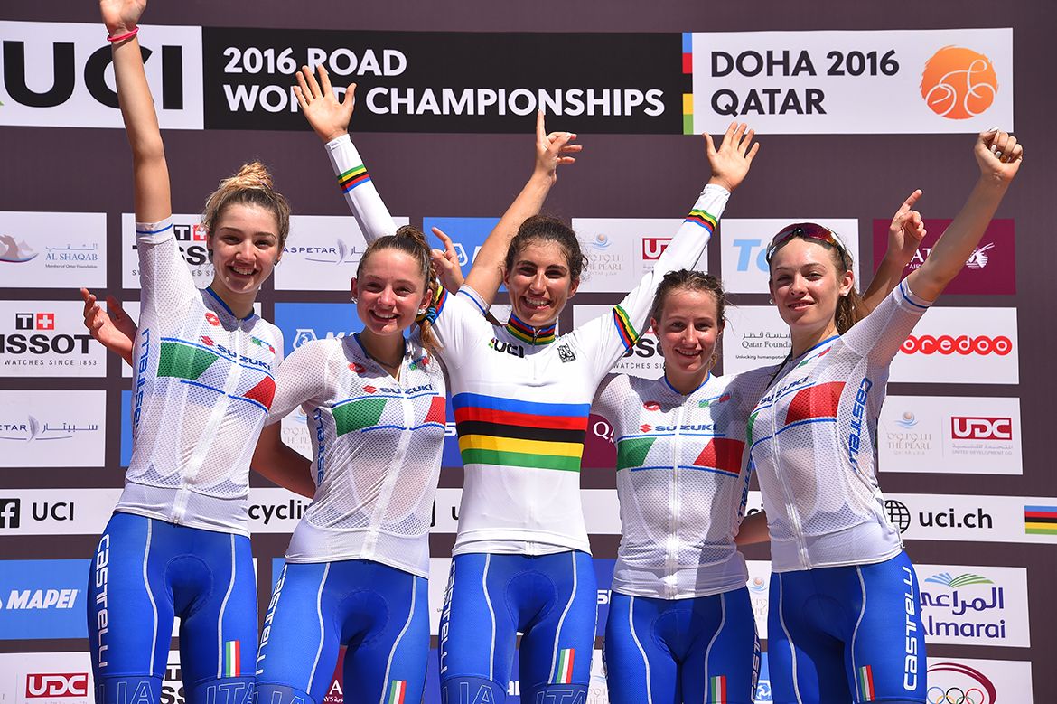 Italy celebrates winning the The UCI Road World Championships junior women's road race