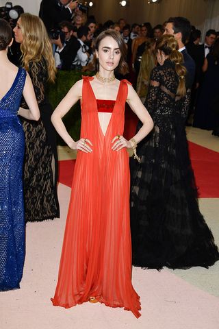 Lily Collins attends the 'Manus x Machina: Fashion in an Age of Technology' Costume Institute Gala at the Metropolitan Museum of Art on May 2, 2016 in New York City. (Photo by George Pimentel/WireImage)