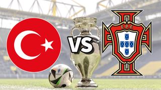 The Turkiye and Portugal club badges on top of a photo of the Euro 2024 trophy and match ball