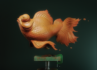 Webinar screen with a 3D designed goldfish on a green stool