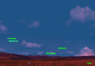 Wednesday, Oct. 16, after sunset. Look just below Venus for the red giant star Antares. If you look carefully, you may also be able to spot Mercury and Saturn.
