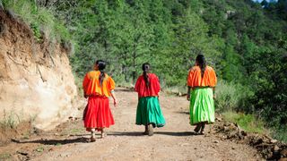 Raramuri girls taking a walk in the Sinforosa Canyon, in Guachochi