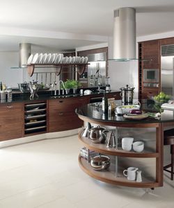 walnut kitchen with mirrored back panels silver handles and slatted fronts with the rich wood