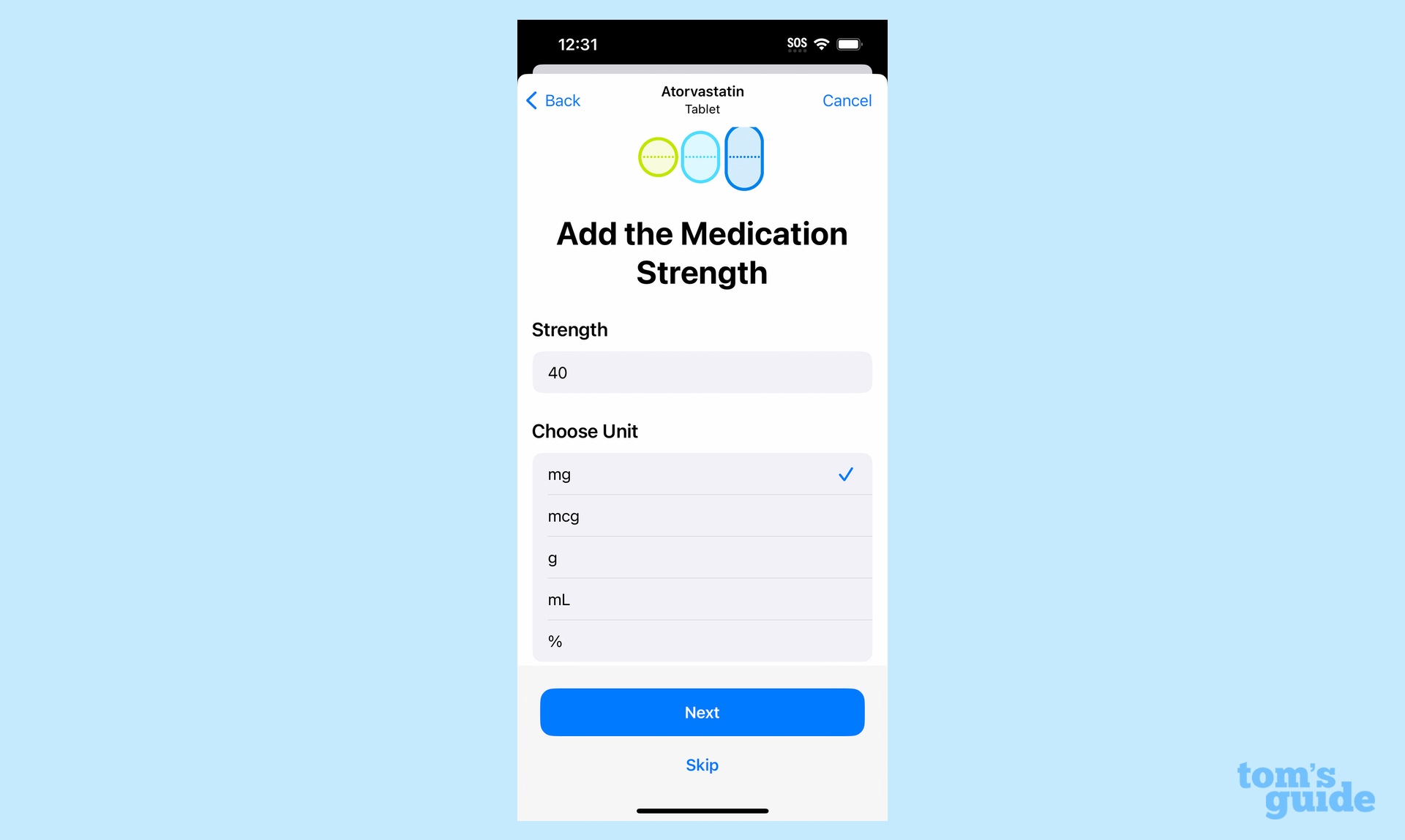 Enter dosage in Medications for iOS 16 Health app