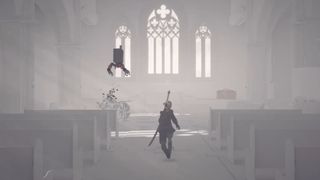 9S inside a completely white church, running between rows of pews.
