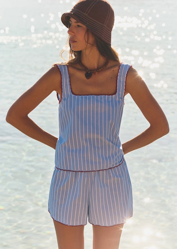 Edess Short - Blue With Ecru Stripes - Organic Cotton - S&amp;eacute;zane