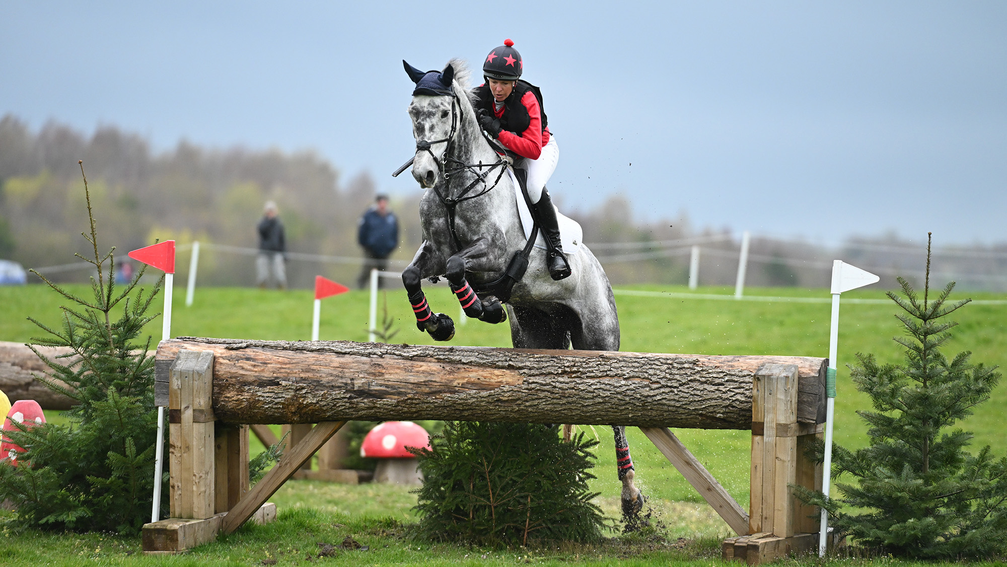 Fiona Kashel, a rider in red and black colours, rides grey horse Monbeg Kazador over a log fence