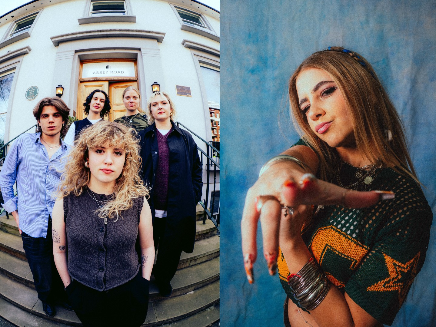A split image of Fiona Lee and her band standing together on the steps of Abbey Road Studios, alongside a vibrant, close-up shot of Non&amp;ocirc; reaching toward the camera during a 2025 photo pop-up.