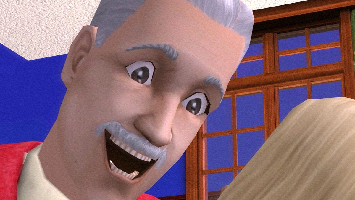 The Sims 2 - Mortimer Goth looks down at a woman in bed with extremely wide eyes and an open mouth