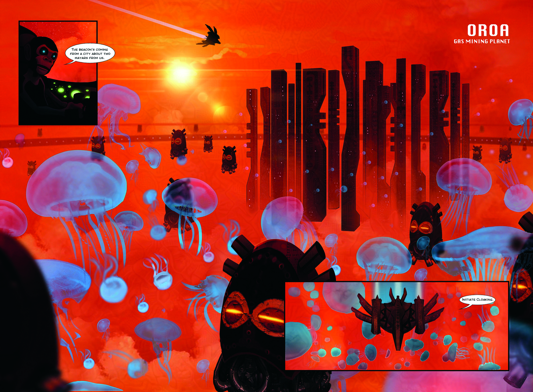 African comics; an ocean scene with jellyfish