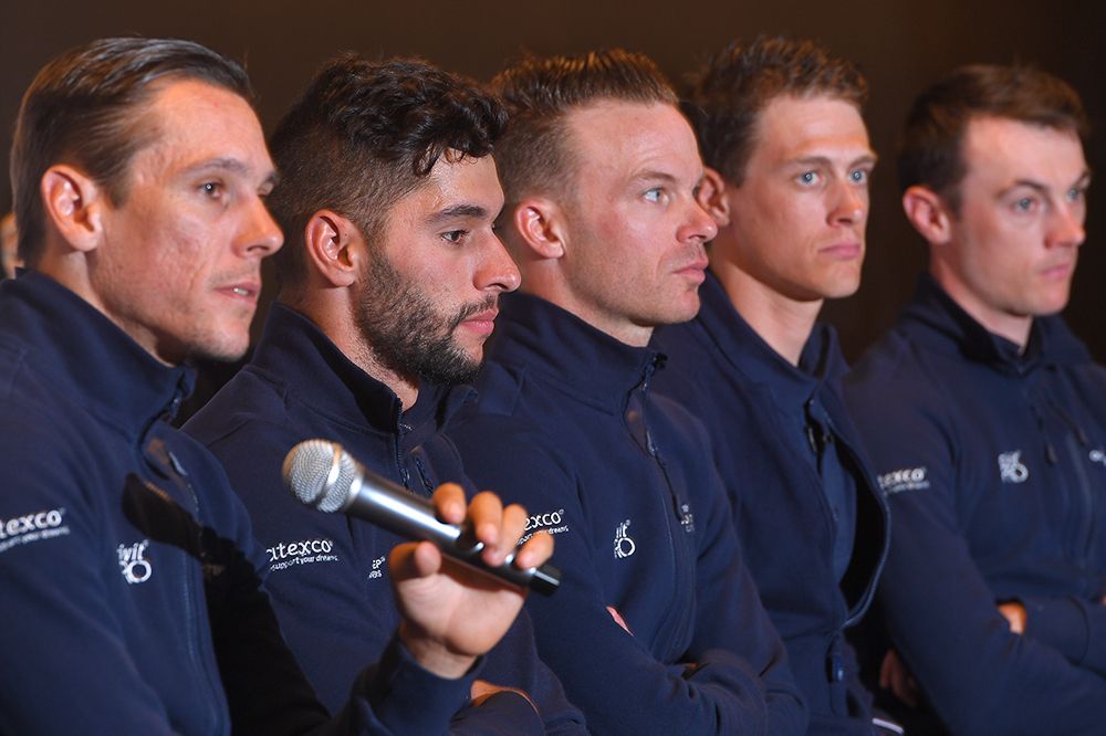 Philippe Gilbert answers questions at the Quick-Step press conference ahead of Omloop het Nieuwsblad