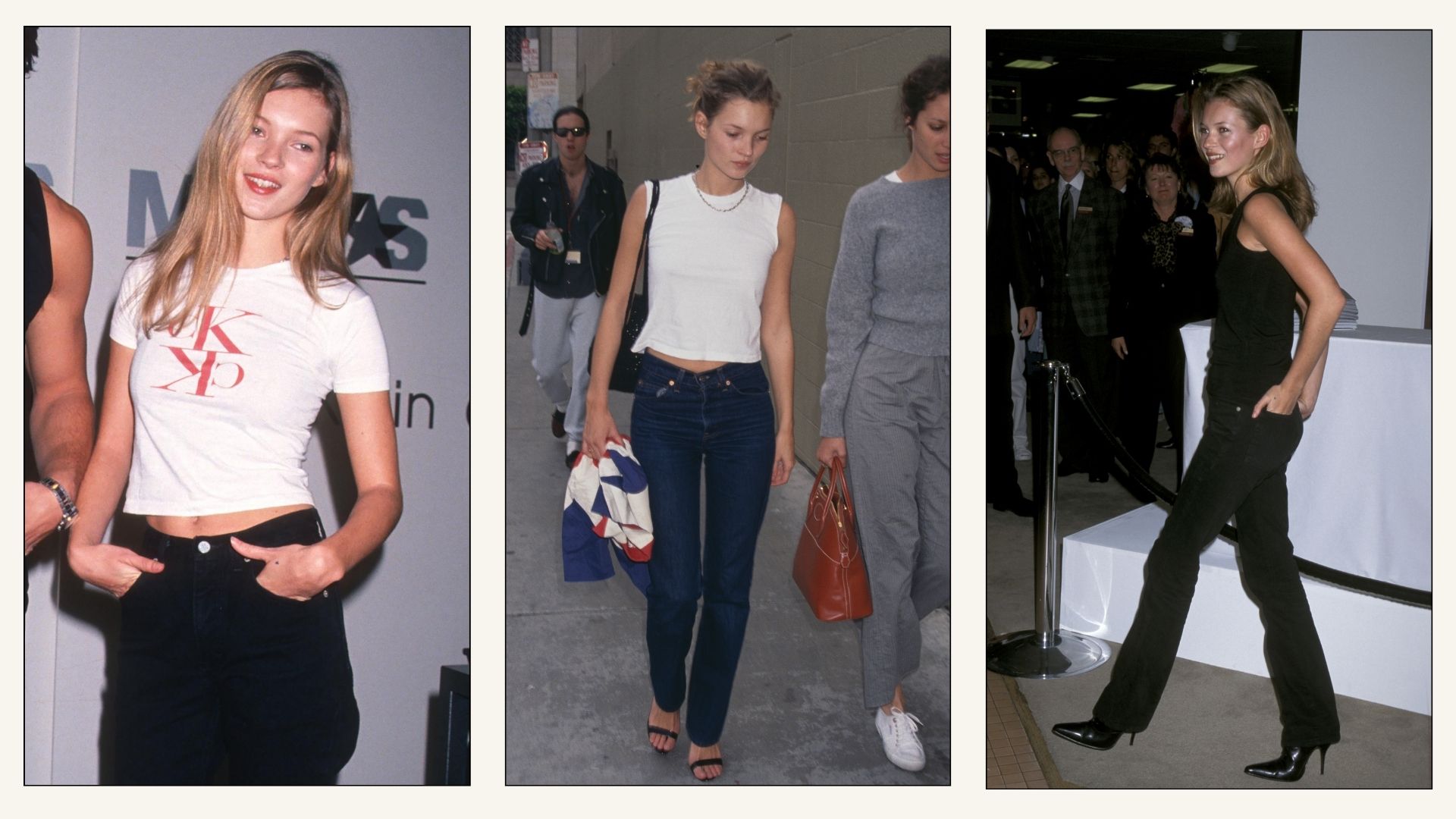 Kate Moss wears cigarette jeans with a white sleeveless top.