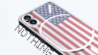 Nothing phone (1) render with logo and a U.S. flag overlayed on it