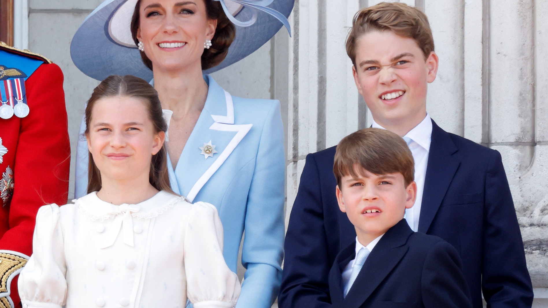 Catherine, Princess of Wales, Princess Charlotte of Wales, Prince George of Wales and Prince Louis of Wales watch an RAF flypast from the balcony of Buckingham Palace at Trooping The Colour 2026