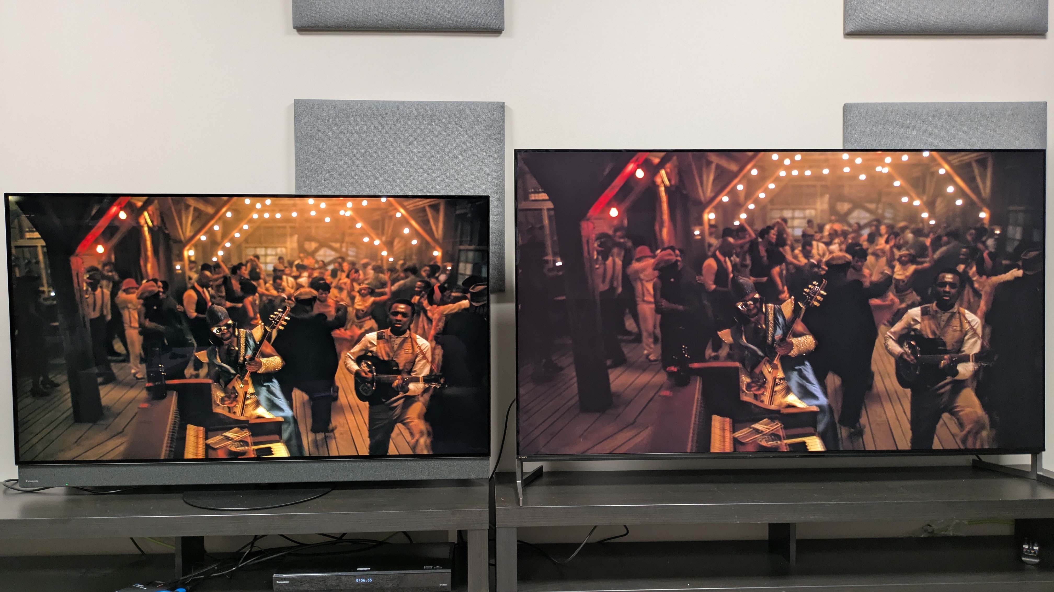Panasonic Z95B (left) and Sony Bravia 8 II (right) displaying the musical time scene from Sinners