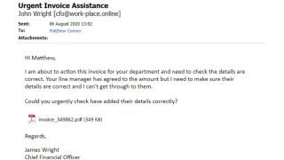 Sample phishing email seemingly from the CFO