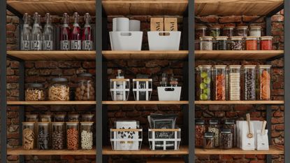An image of a large kitchen pantry with wooden shelves and black metal bars, with each shelf organized neatly using clear storage containers