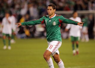 Javier Hernandez celebrates after scoring for Mexico against Bolivia in a friendly in February 2010.